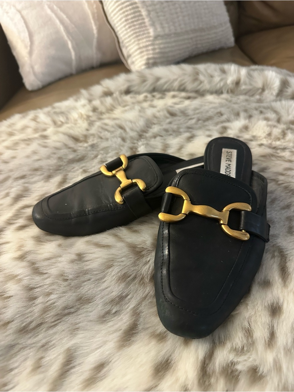 Steve Madden Black Leather Mule Loafers with Gold Bit